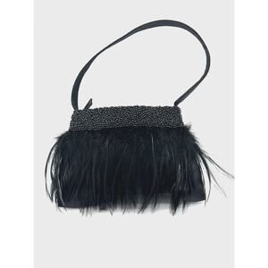 Vintage 80s La Regale Feathers and Beaded Small Handle Evening Purse Zipper READ